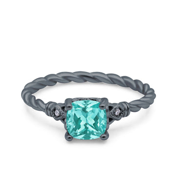Art Deco Cushion Three Stone Wedding Bridal Ring Black Tone, Simulated Paraiba Tourmaline CZ 925 Sterling Silver